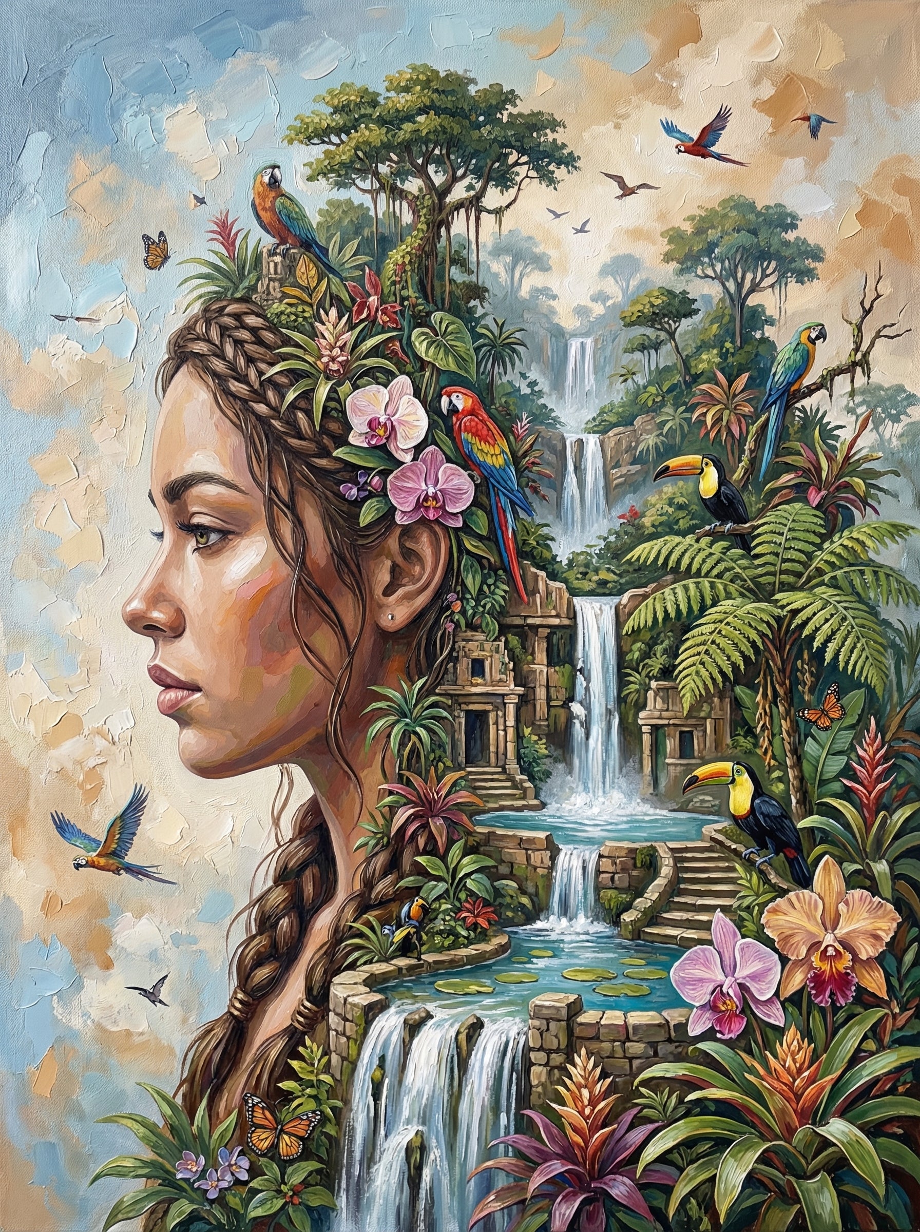 Tropical Waterfall Woman Profile (100 Color Diamond Painting)