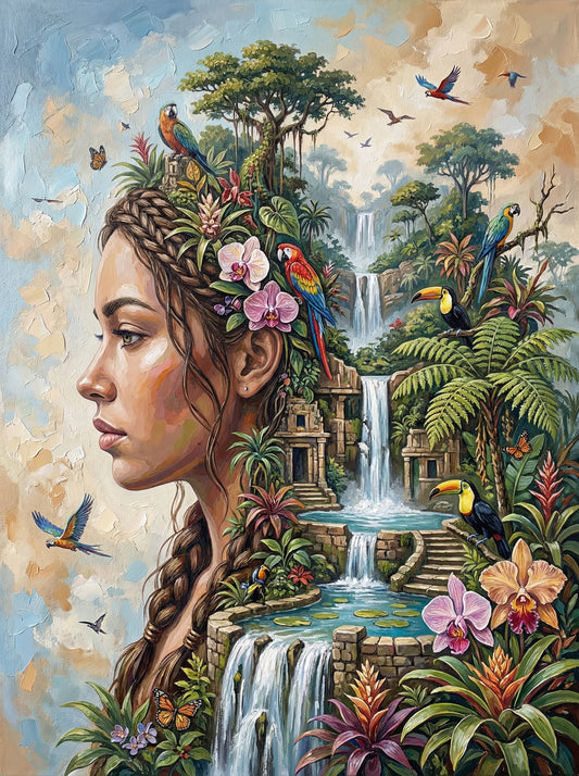 Tropical Waterfall Woman Profile (100 Color Diamond Painting)