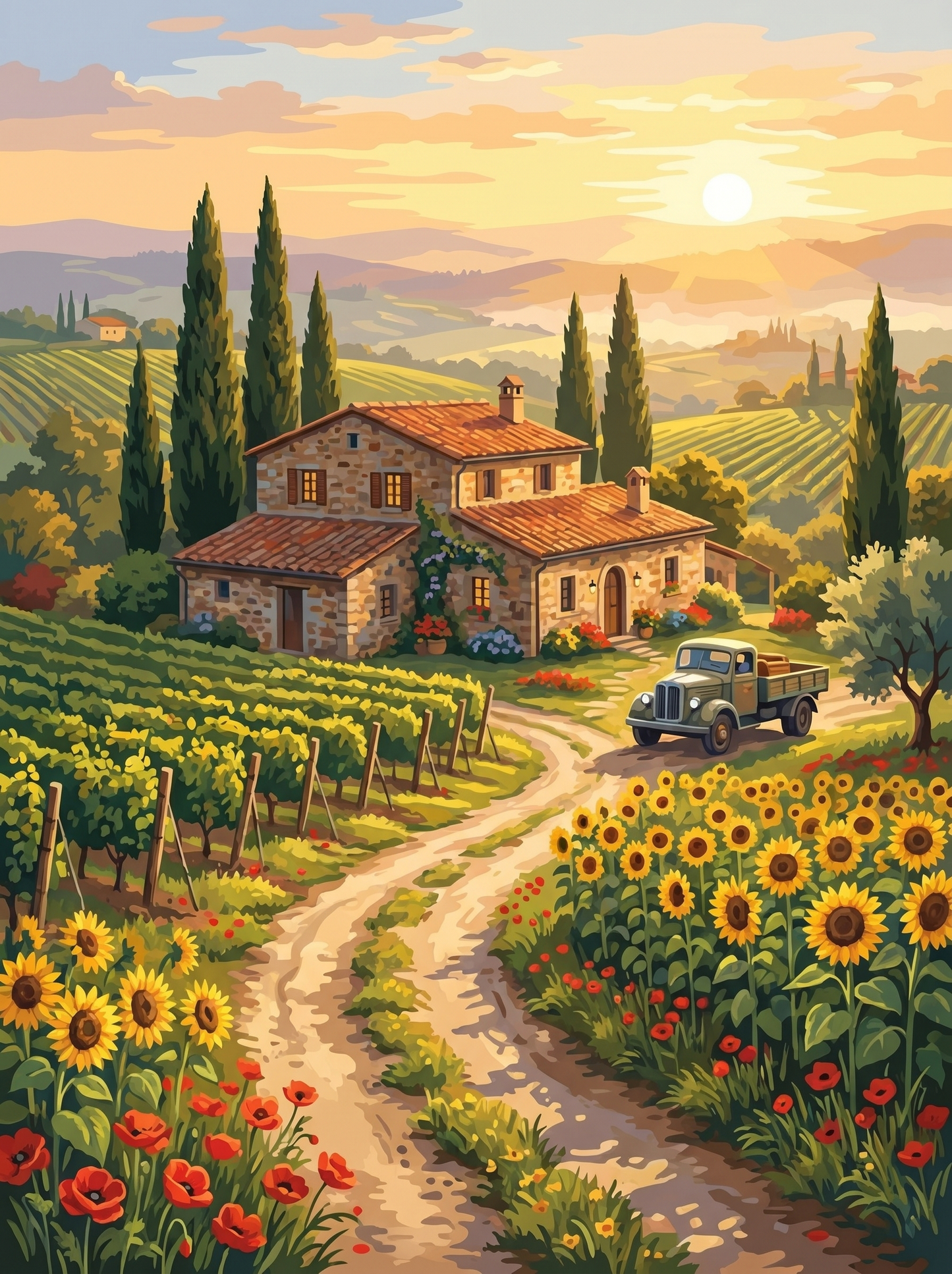 Tuscan Vineyard Farmhouse Golden (150 Color Diamond Painting)