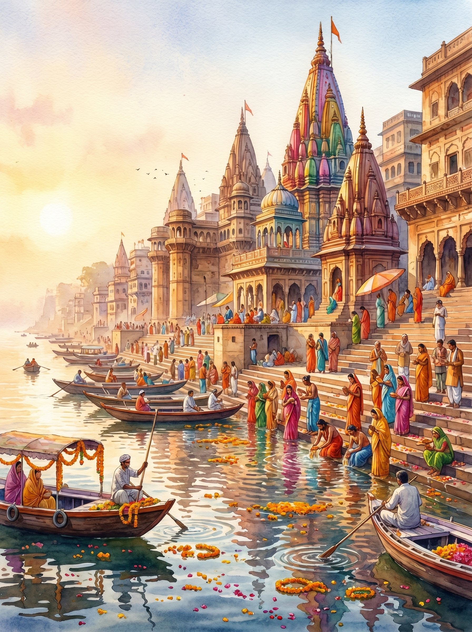 Varanasi Ghats Sunrise Watercolor (150 Color Diamond Painting)