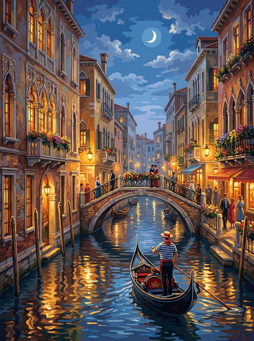 Venice Canal Night Gondola (150 Color Diamond Painting)