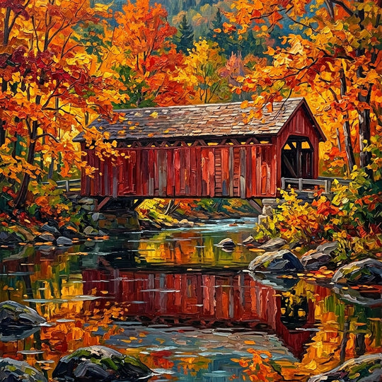 Vermont Covered Bridge Autumn (150 Color Diamond Painting)