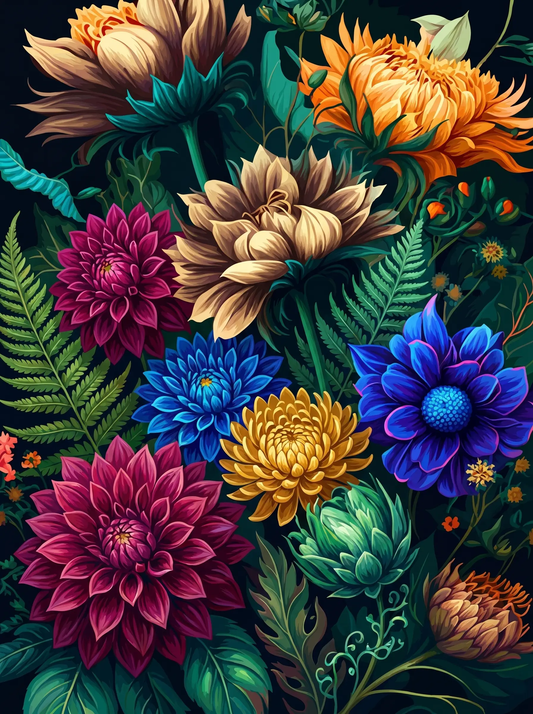 Vibrant Dahlia Arrangement Dark (Diamond Painting)