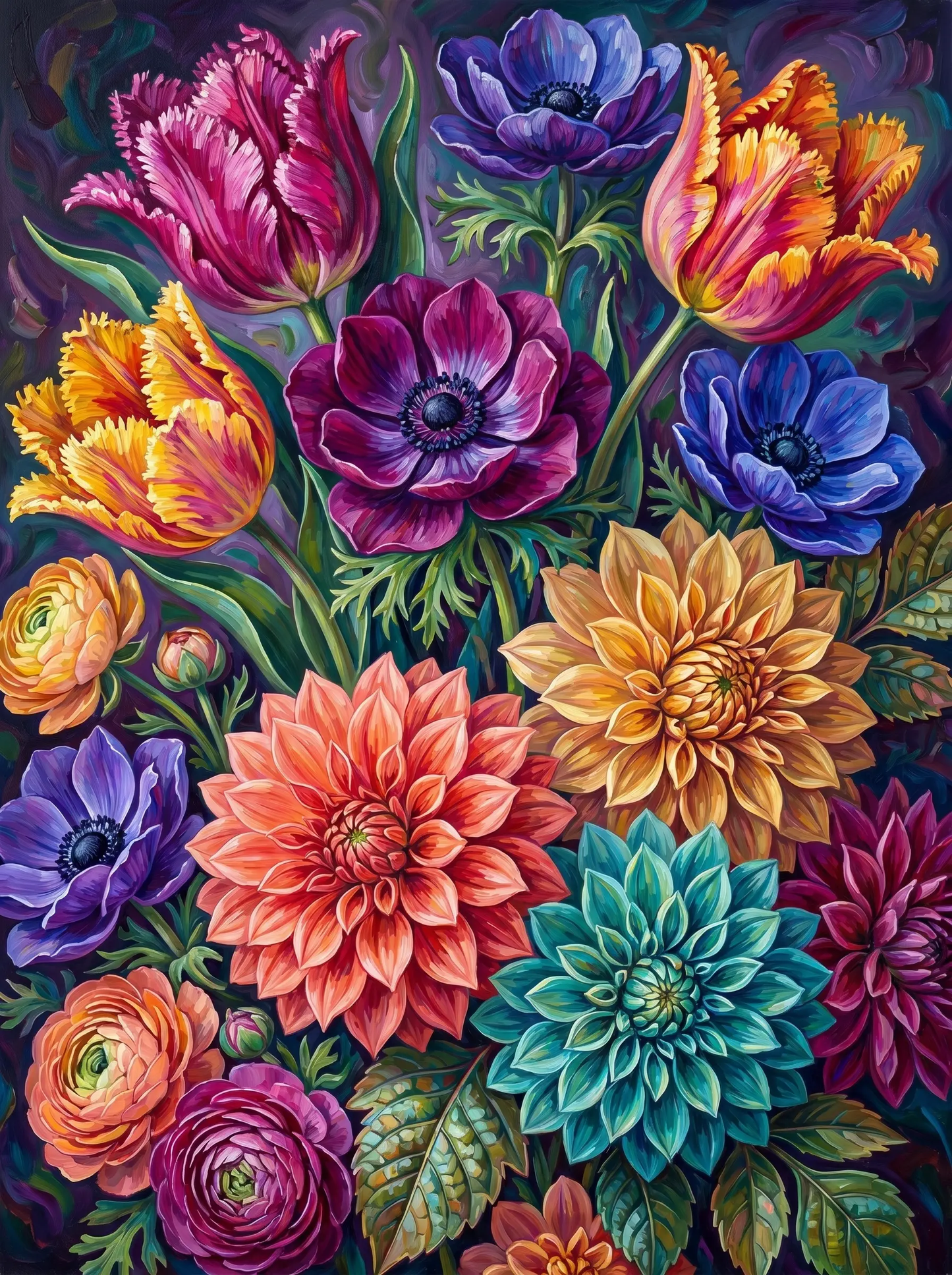 Vibrant Dahlia Tulip Bouquet (Diamond Painting)