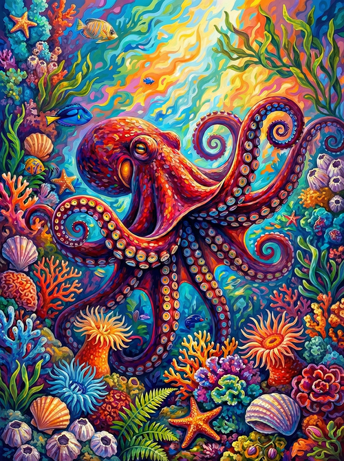 Vibrant Ocean Octopus (100 Color Diamond Painting)