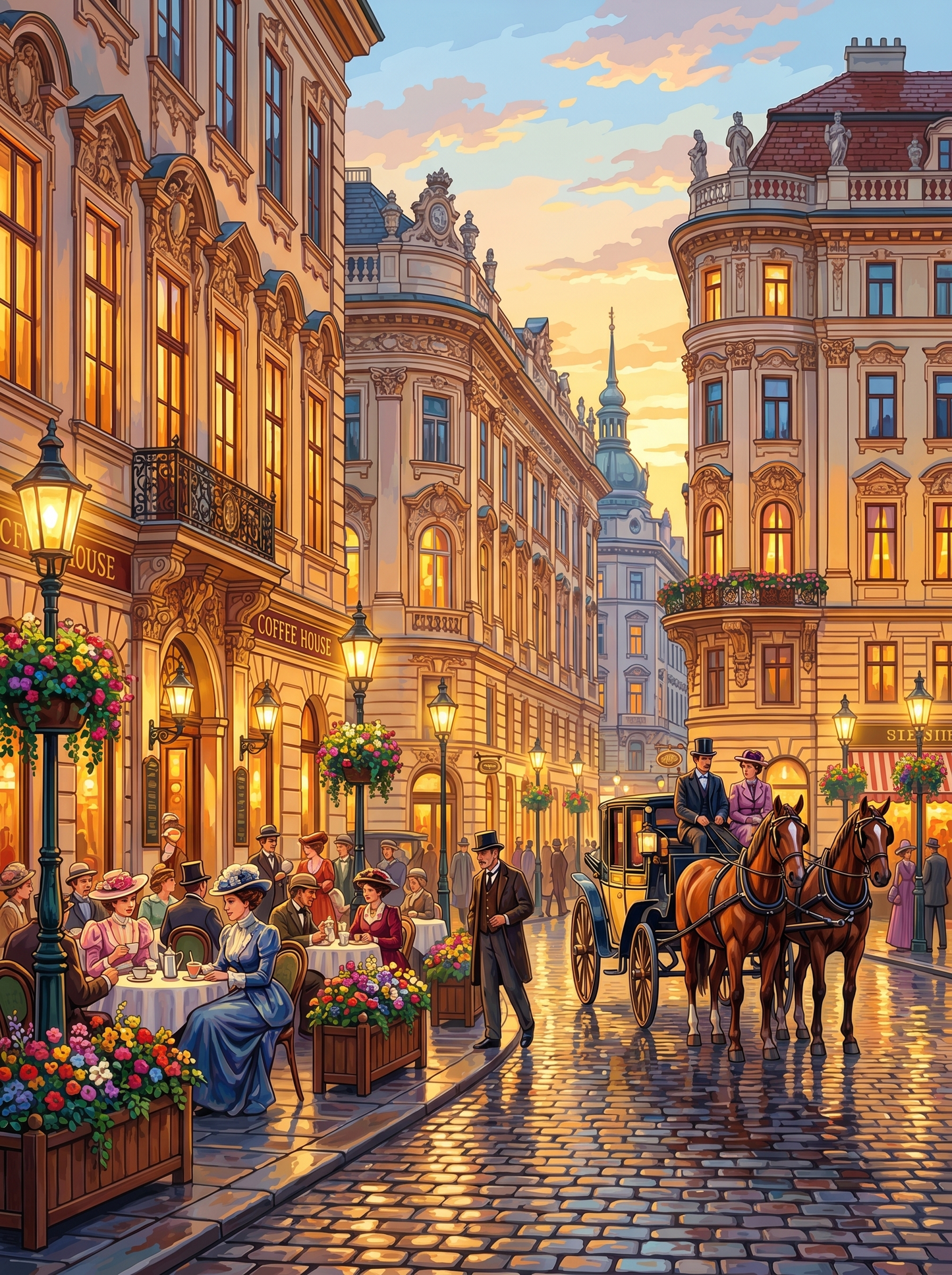 Vienna Cafe Street Evening (150 Color Diamond Painting)