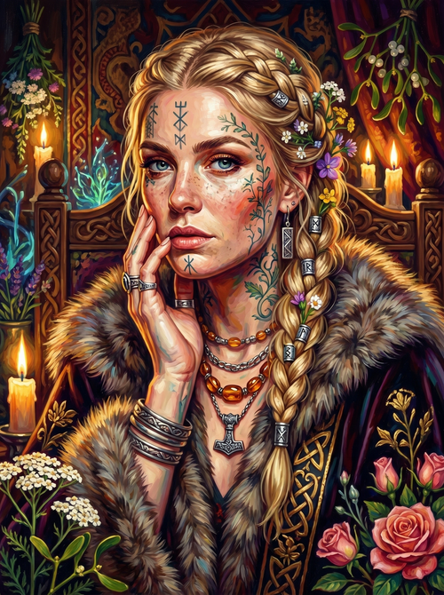 Viking Shieldmaiden Runes Flowers (150 Color Diamond Painting)