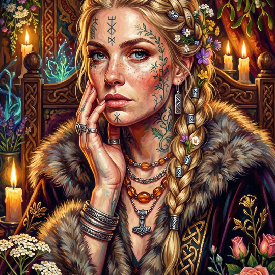 Viking Shieldmaiden Runes Flowers (150 Color Diamond Painting)