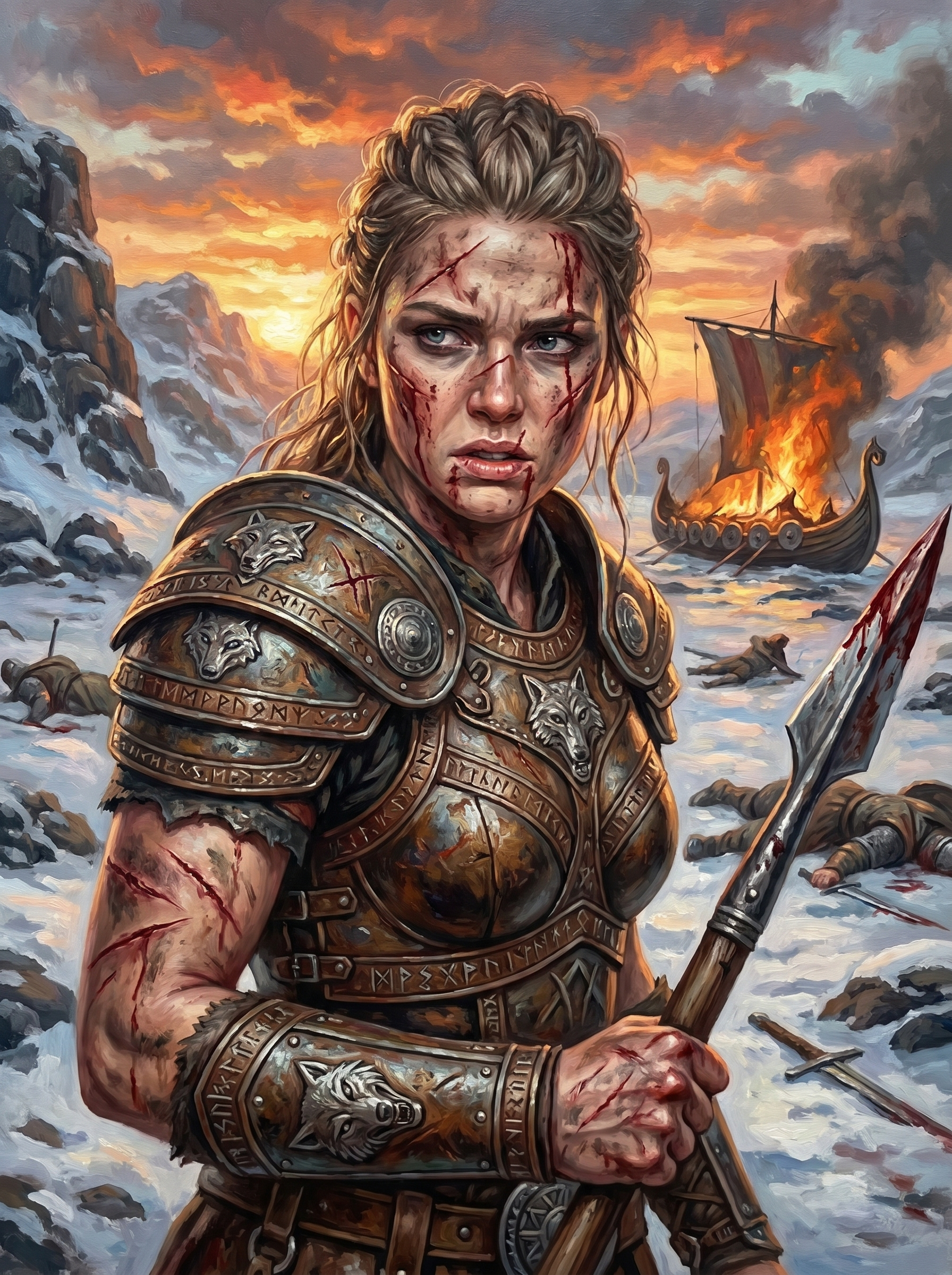 Viking Warrior Woman Burning Longship (150 Color Diamond Painting)