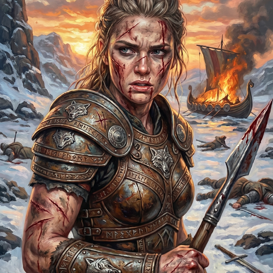 Viking Warrior Woman Burning Longship (150 Color Diamond Painting)