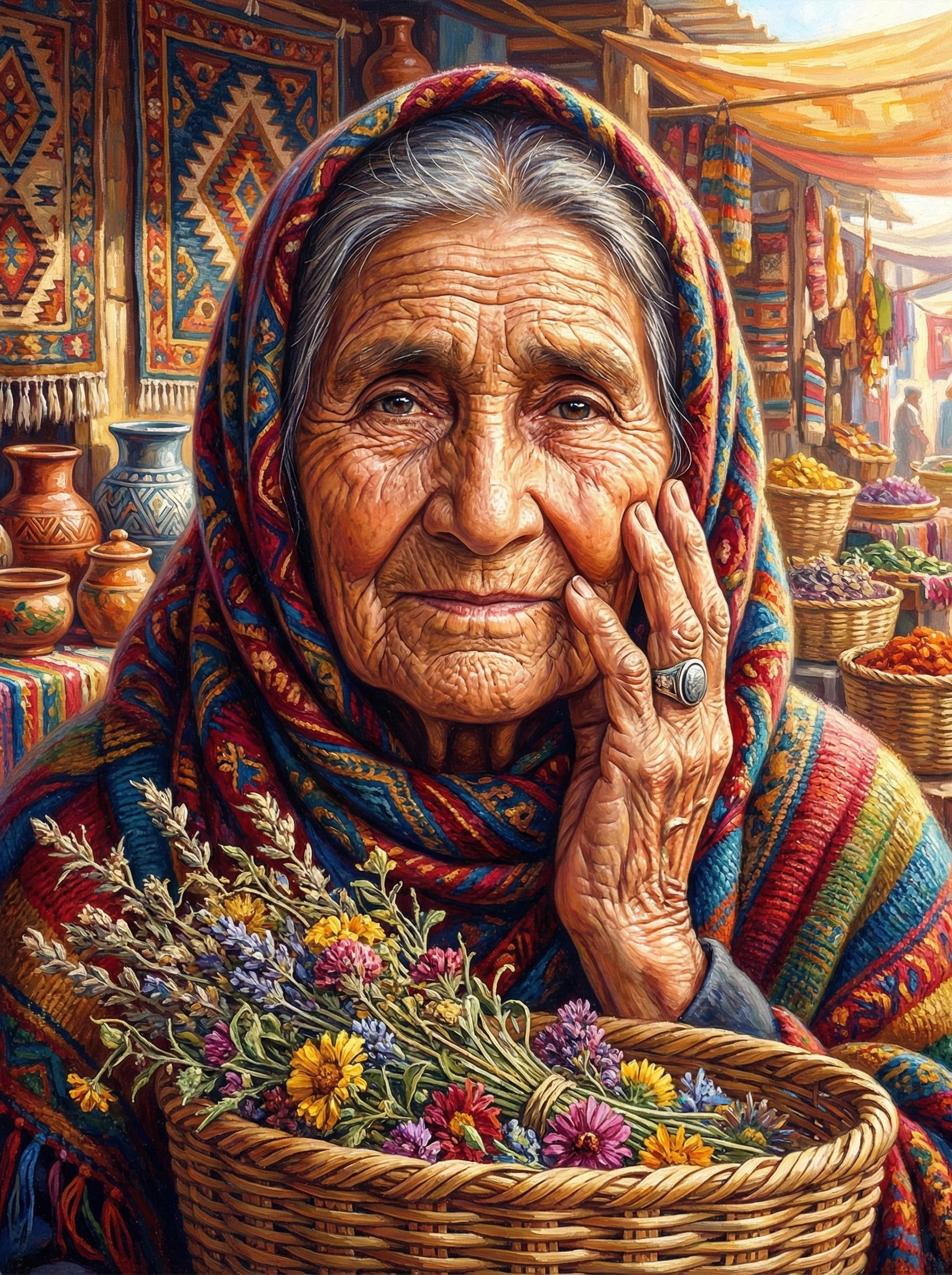 Village Woman Basket (100 Color Diamond Painting)