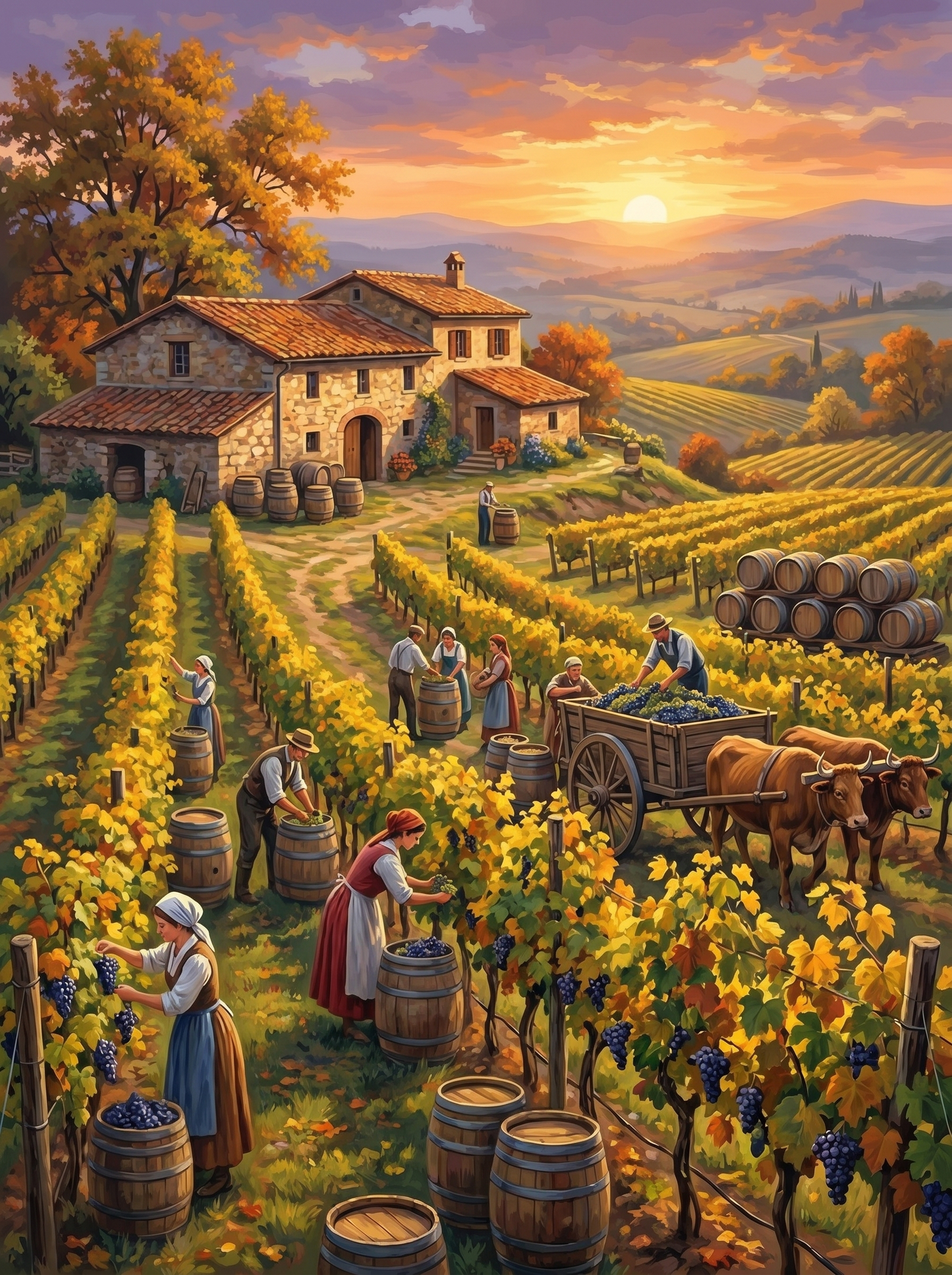 Vineyard Harvest Cart Sunset (150 Color Diamond Painting)