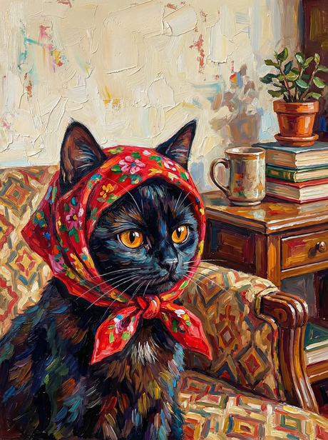 Vintage Cat Red Scarf (100 Color Diamond Painting) Diamond Painting kit