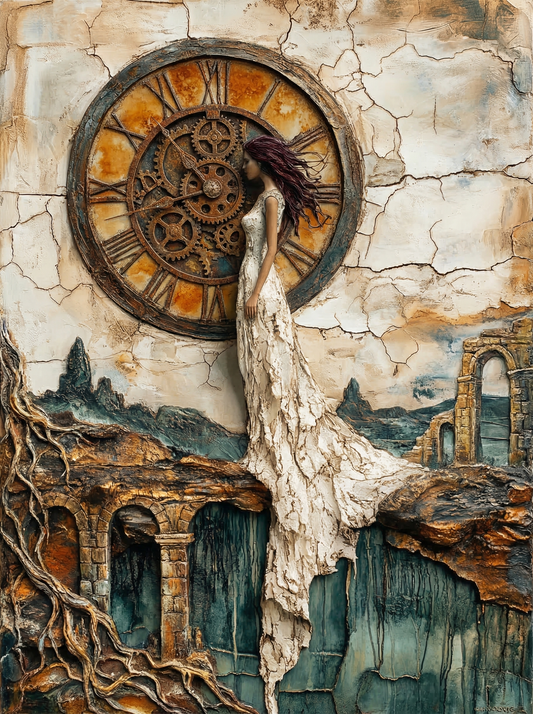 Vintage Clock Ruin Woman (100 Color Diamond Painting)