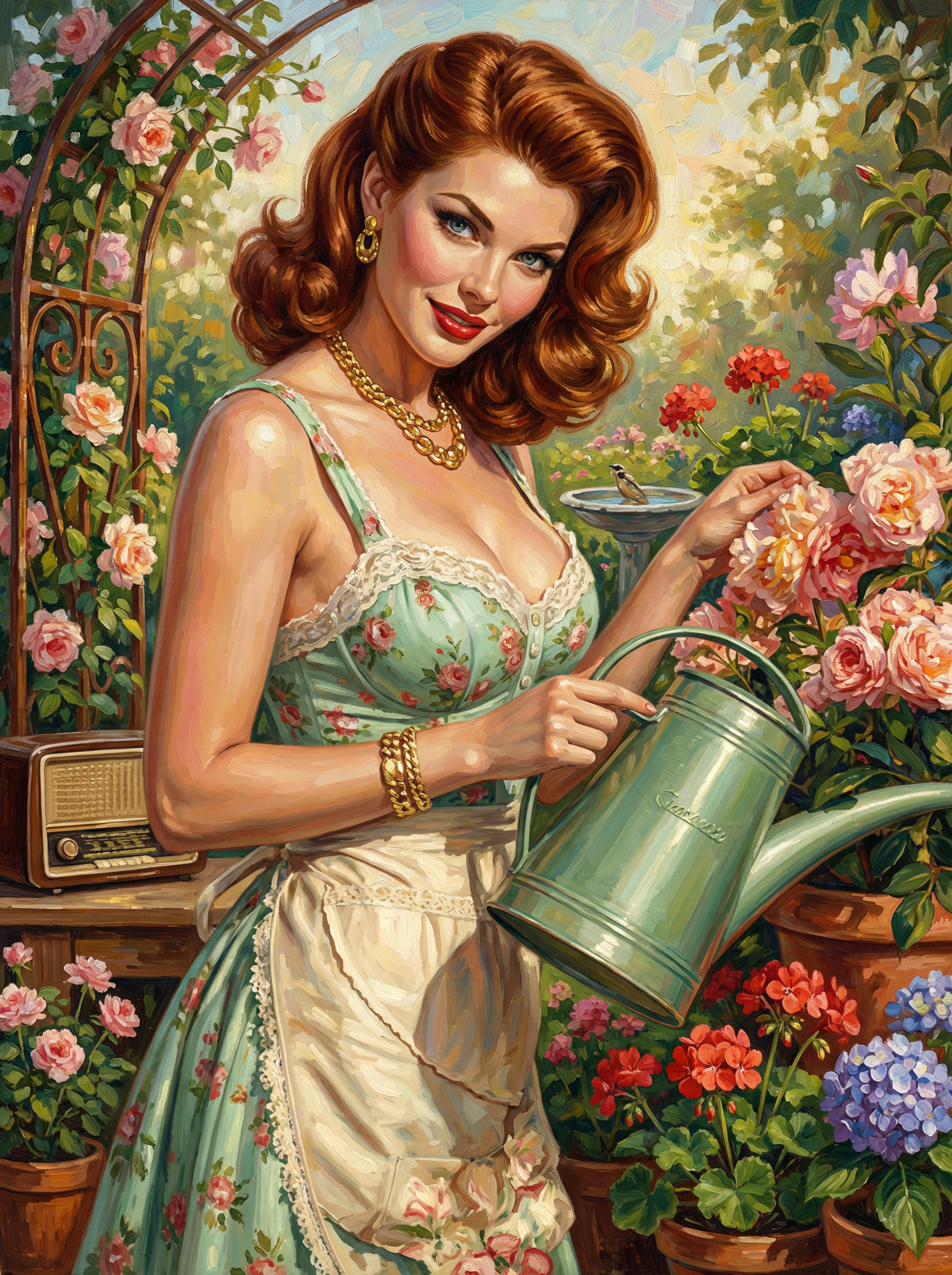 Vintage Woman Watering Garden (100 Color Diamond Painting)
