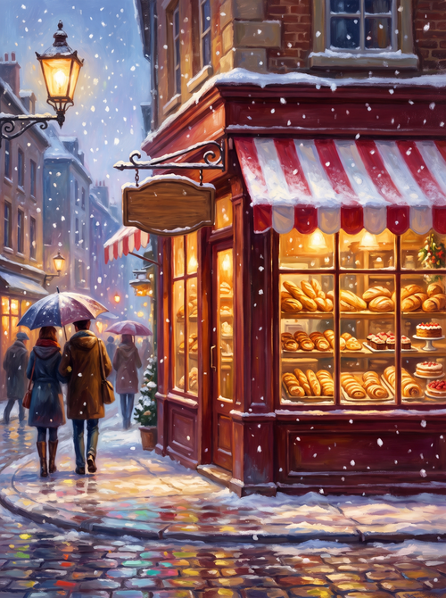 Warm Bakery Shopfront Snowy Evening