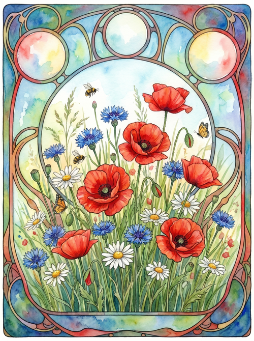 Watercolor Poppy Cornflower Meadow (Diamond Painting)