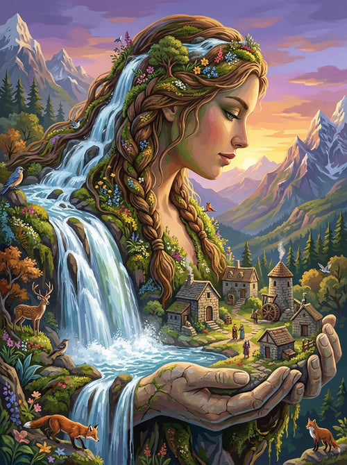 Waterfall Woman Village Scene (Diamond Painting)