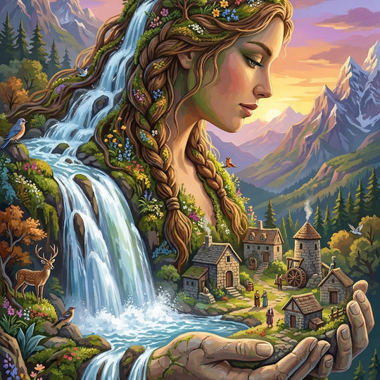 Waterfall Woman Village Scene