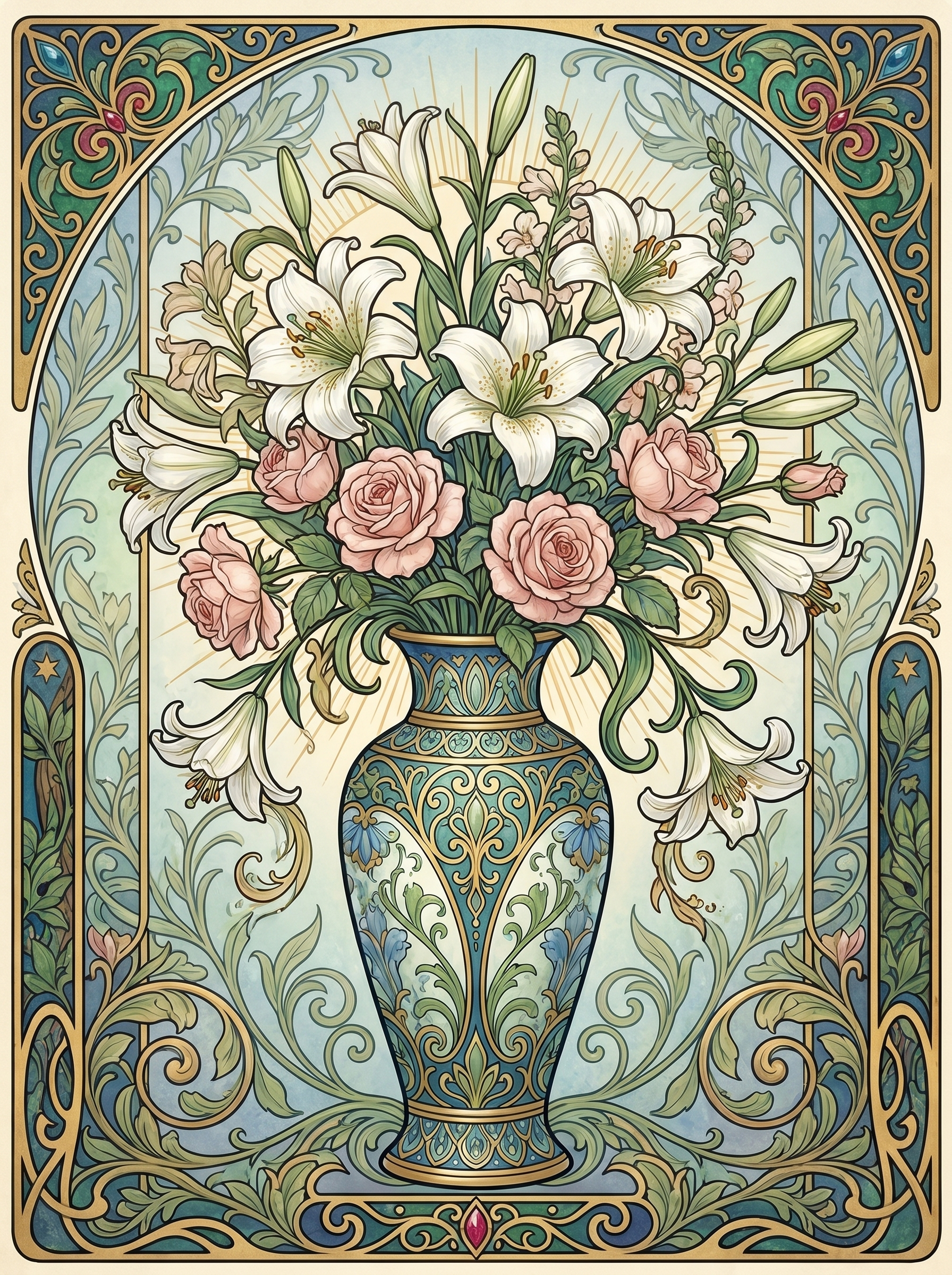 White Lily Rose Vase Panel 2 (80 Colors)