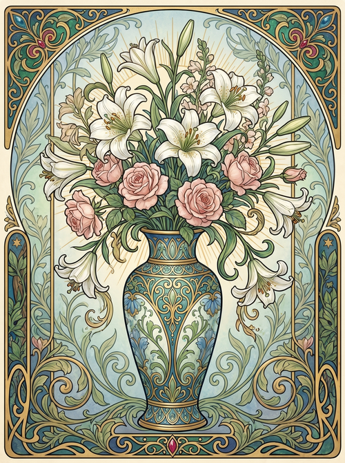 White Lily Rose Vase Panel 2 (80 Colors)