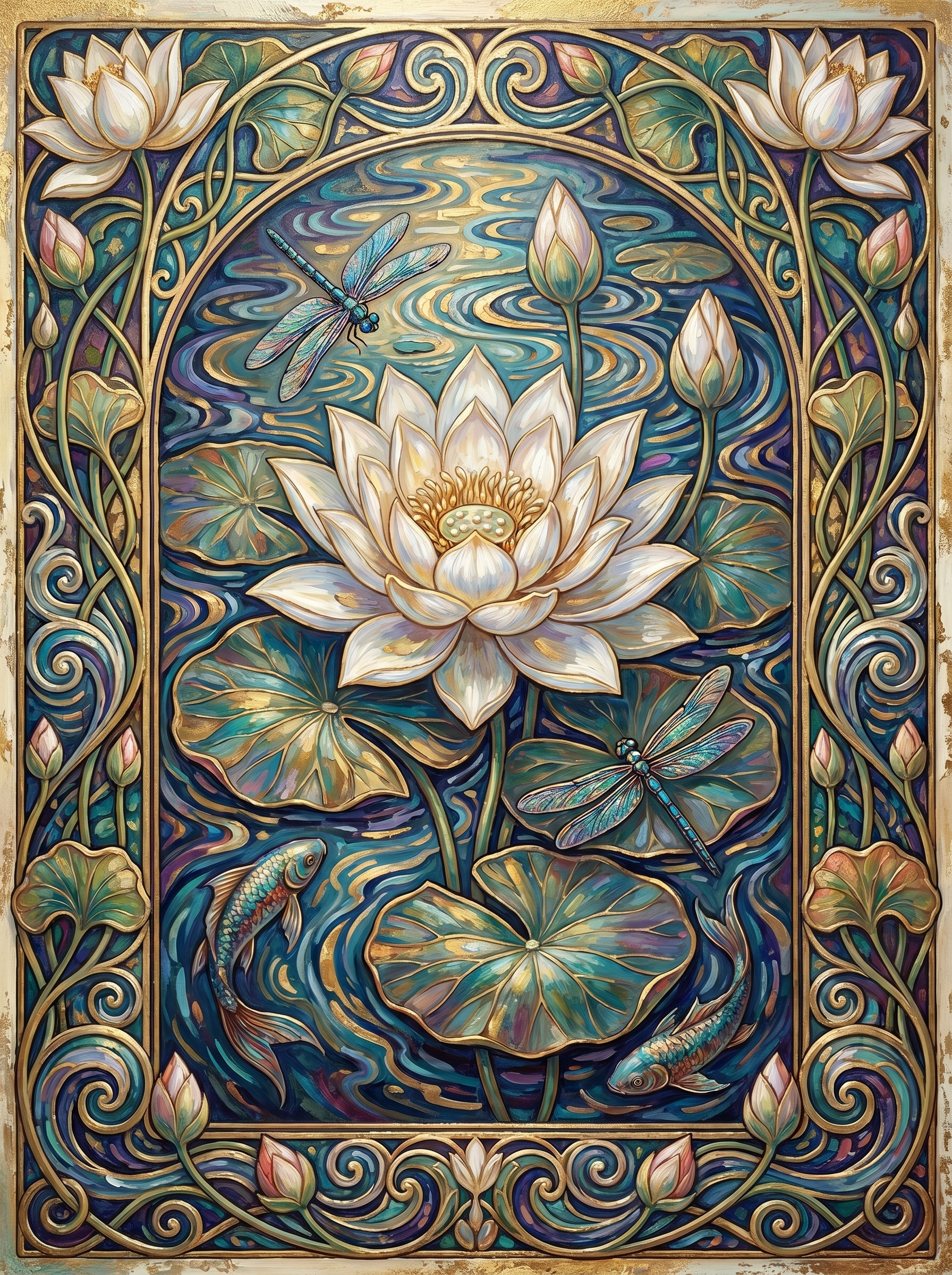 White Lotus Dragonfly Koi Panel (80 Colors)