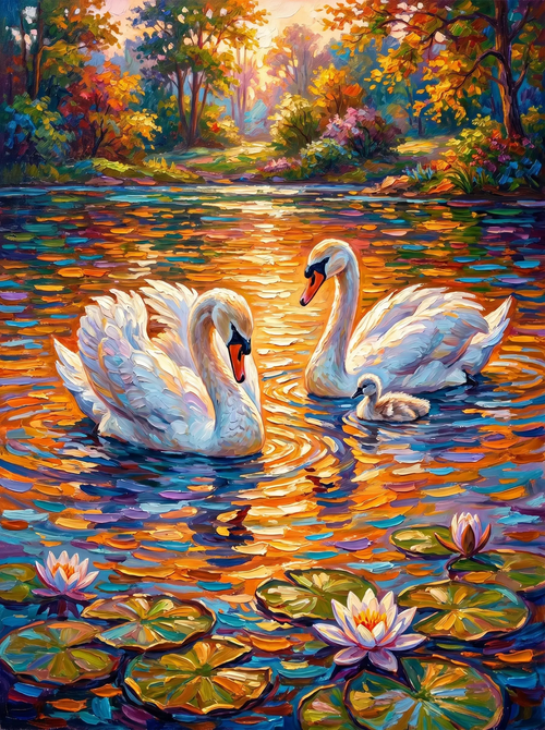 White Swans Waterlily Pond (Diamond Painting)