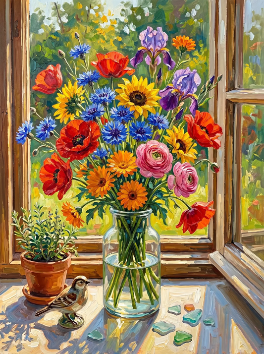 Wildflower Jar Window Bird (Diamond Painting)