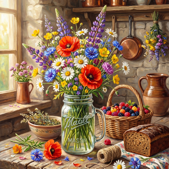 Wildflowers Mason Jar Rustic (Diamond Painting)