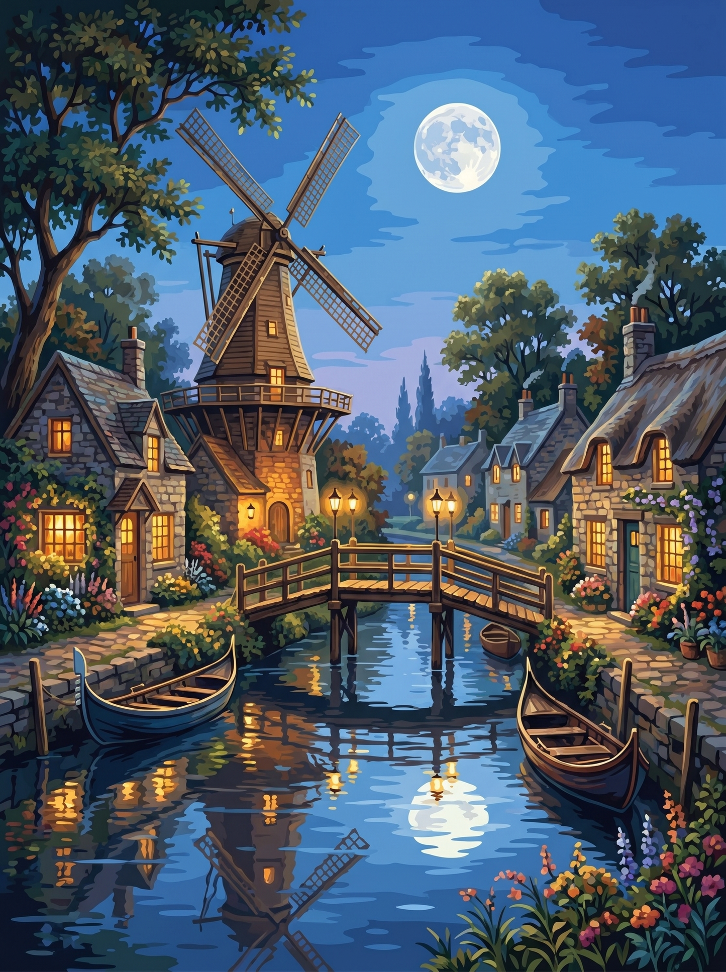 Windmill Village Canal Night (150 Color Diamond Painting)