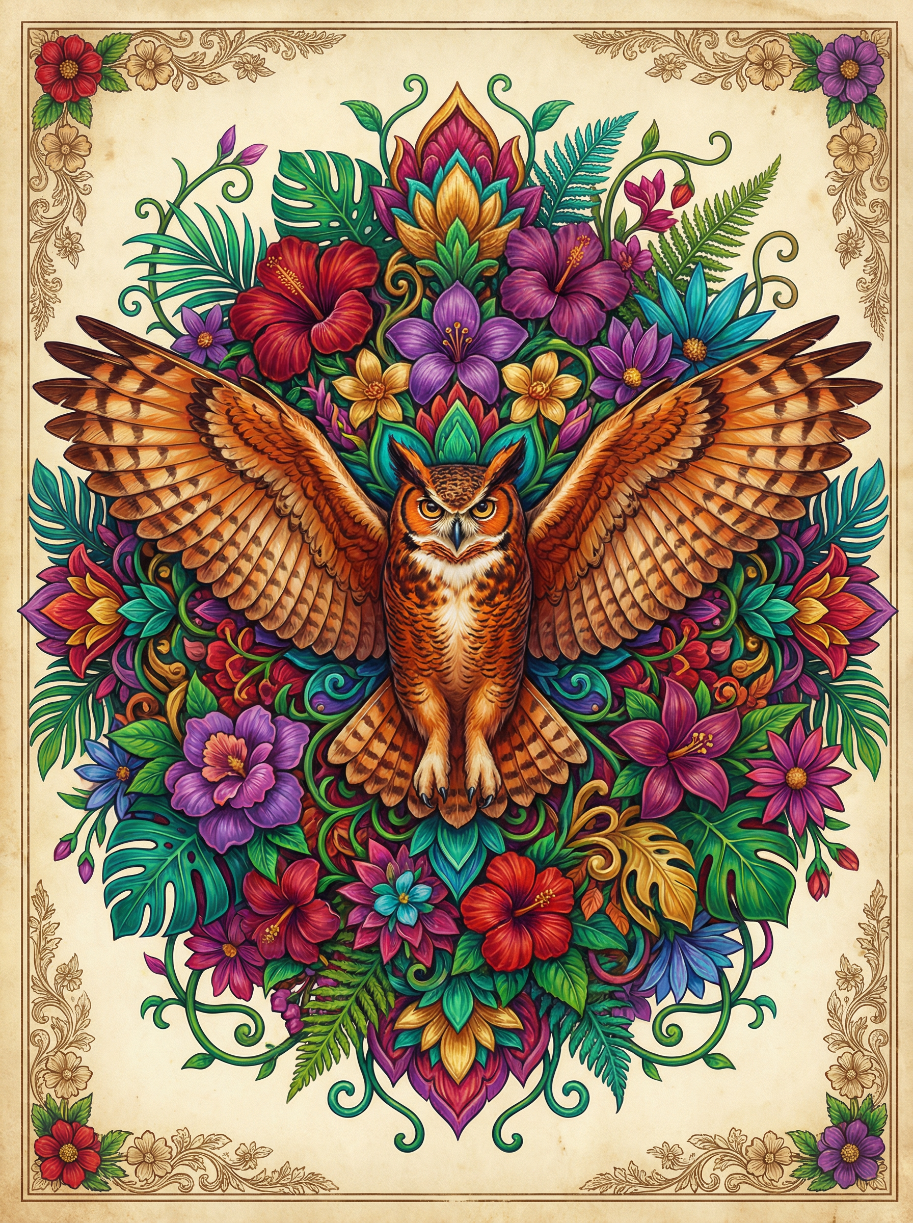 Winged Owl In Blossoms (100 Color Diamond Painting) Diamond Painting kit
