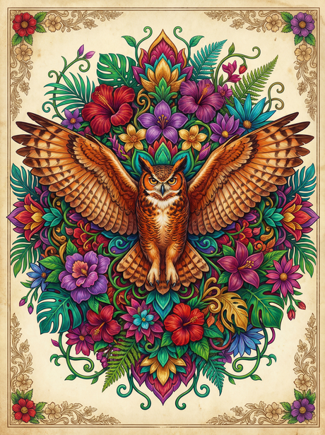 Winged Owl In Blossoms (100 Color Diamond Painting) Diamond Painting kit