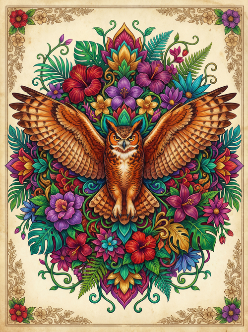 Winged Owl In Blossoms (100 Color Diamond Painting) Diamond Painting kit