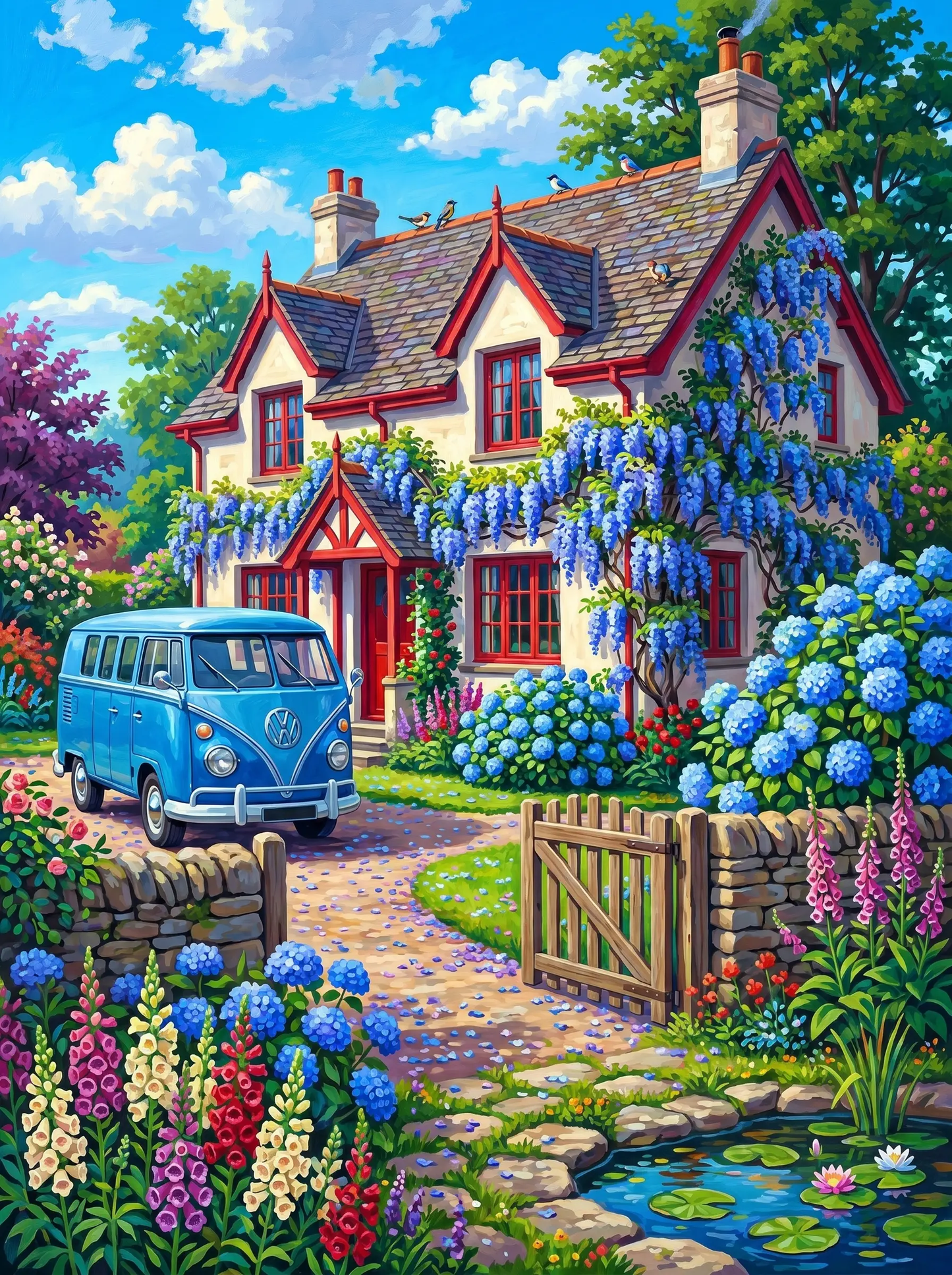 Wisteria Cottage Blue Van (Diamond Painting)