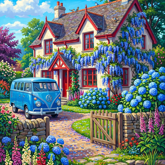 Wisteria Cottage Blue Van (Diamond Painting)