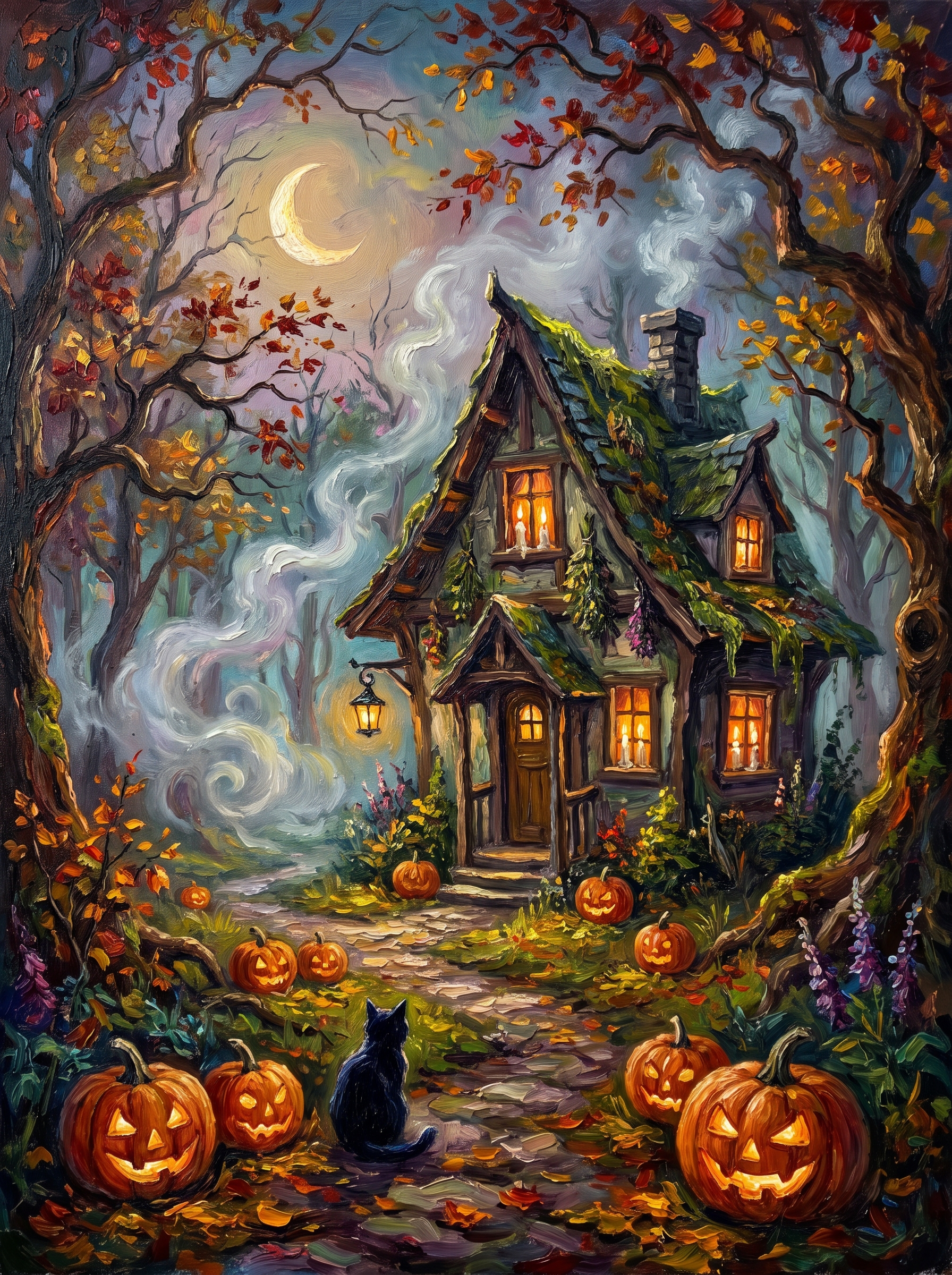 Witch Cottage Autumn Forest Night
