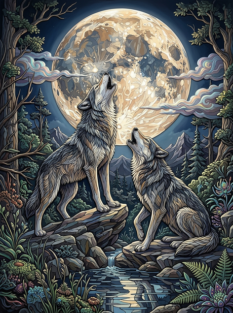 Wolves Howling Moon (Diamond Painting) Diamond Painting kit