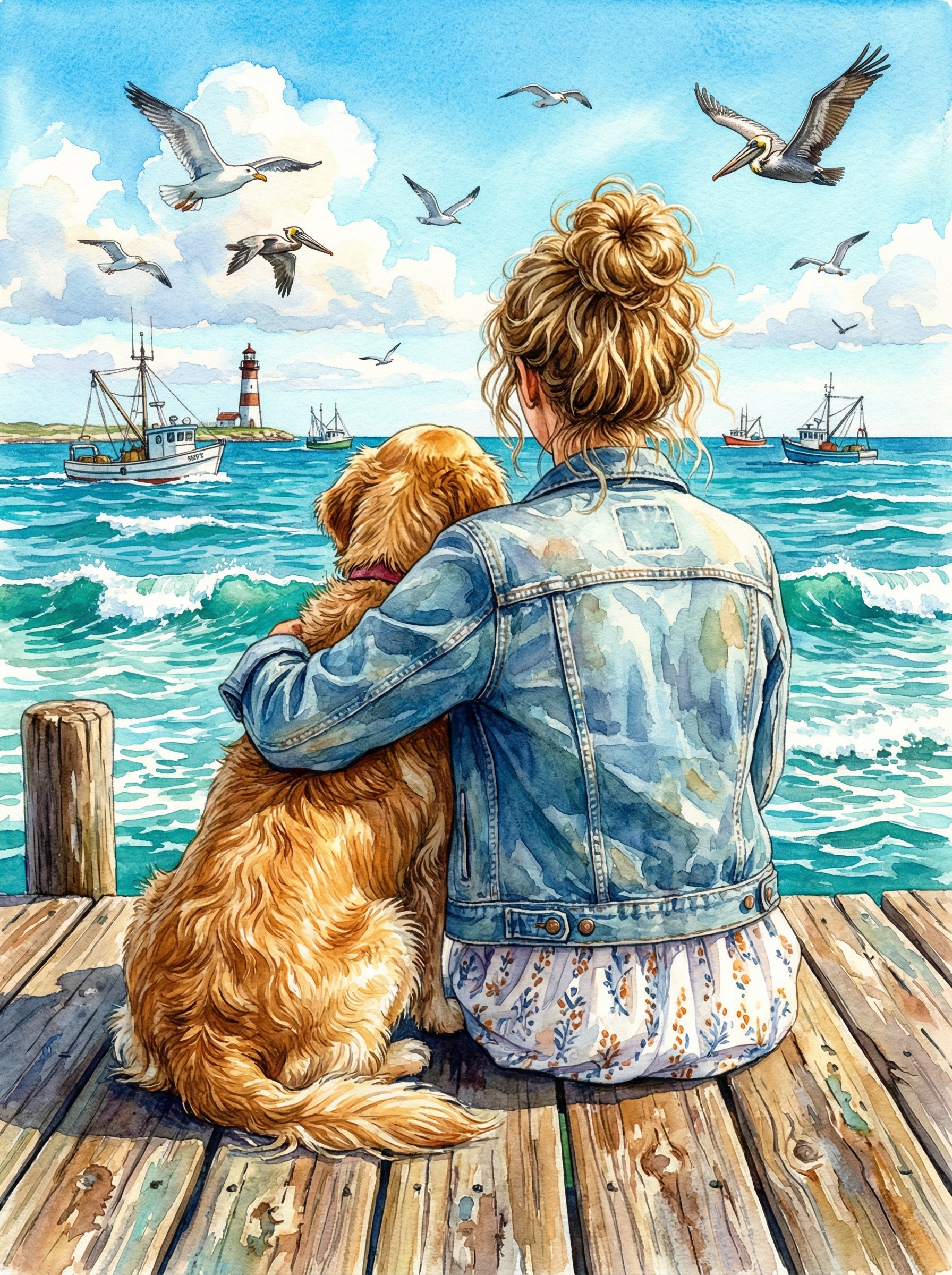 Woman And Dog Beach Dock