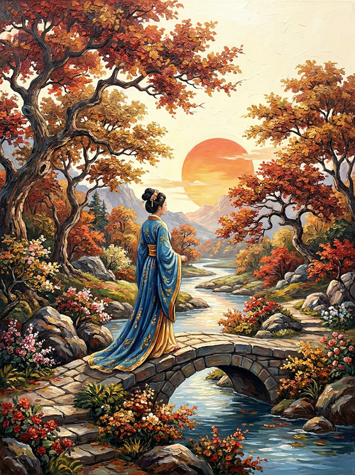Woman Autumn Bridge Sunset (100 Color Diamond Painting)