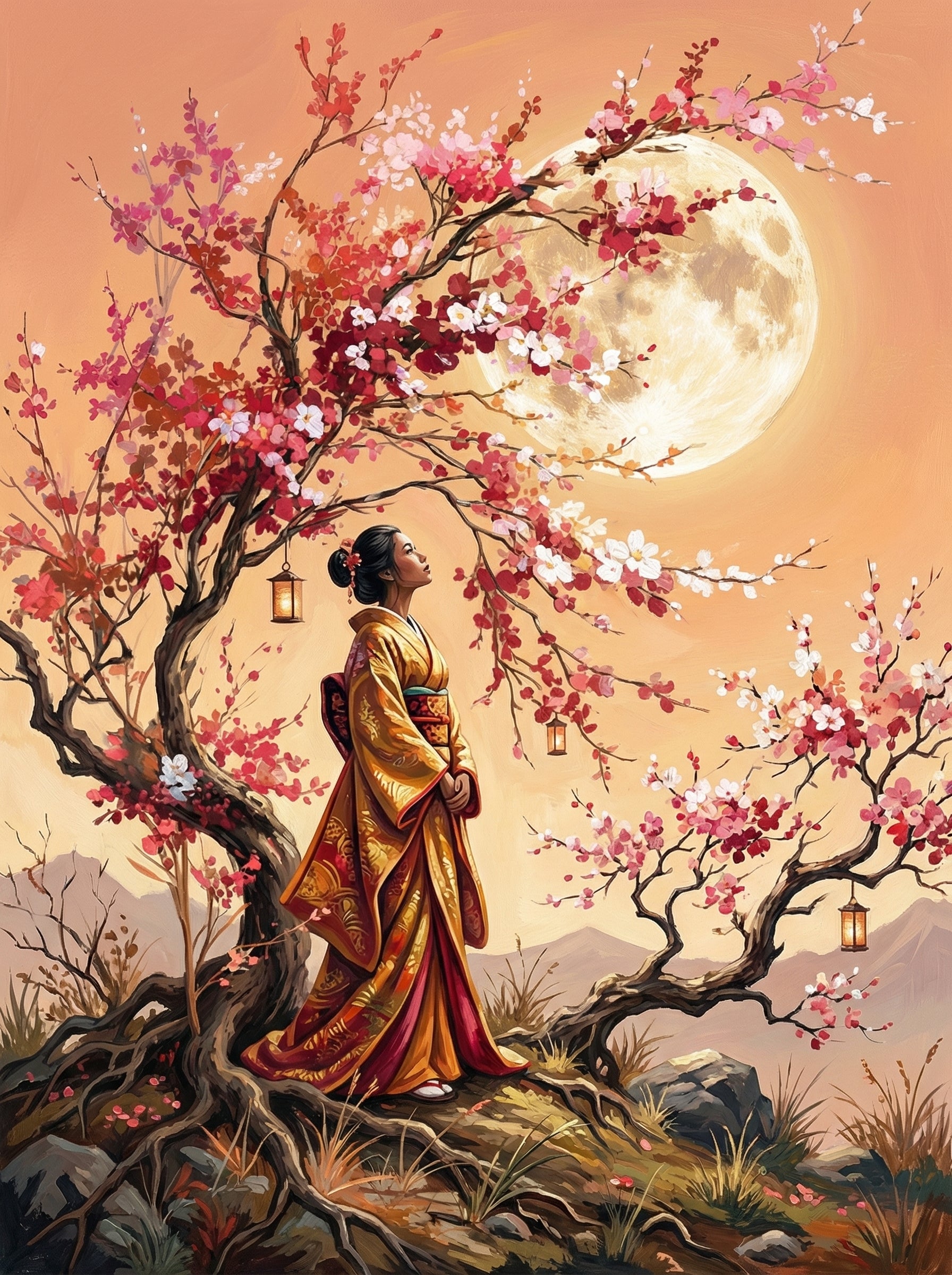 Woman Cherry Blossom Moonrise (100 Color Diamond Painting)