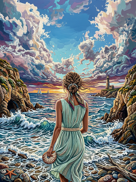 Woman Coastal Cliffs Lighthouse (Diamond Painting) Diamond Painting kit