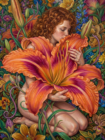 Woman In Orange Lily (150 Color Diamond Painting)