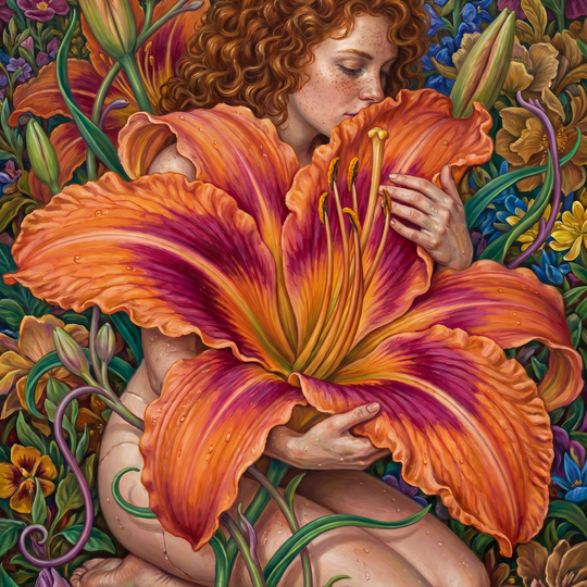 Woman In Orange Lily (150 Color Diamond Painting)