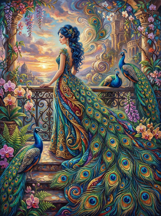 Woman In Peacock Garden (100 Color Diamond Painting)