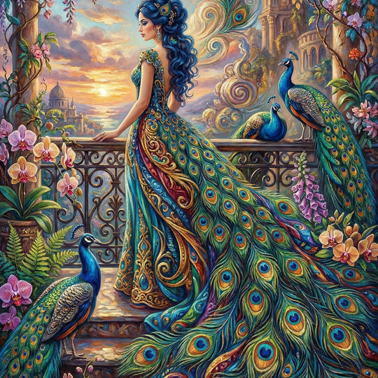 Woman In Peacock Garden