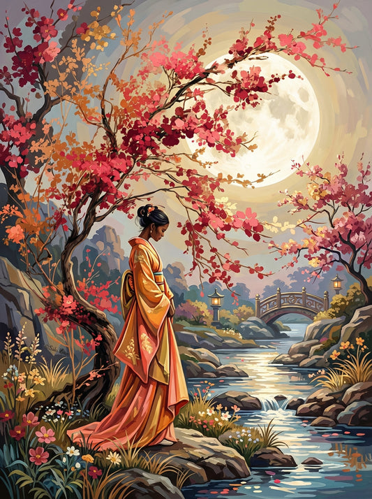 Woman Moonlit Cherry Blossoms