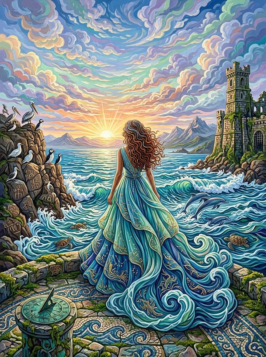 Woman Ocean Sunset Castle