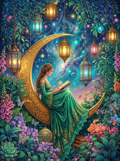 Woman Reading Crescent Moon (100 Color Diamond Painting) Diamond Painting kit