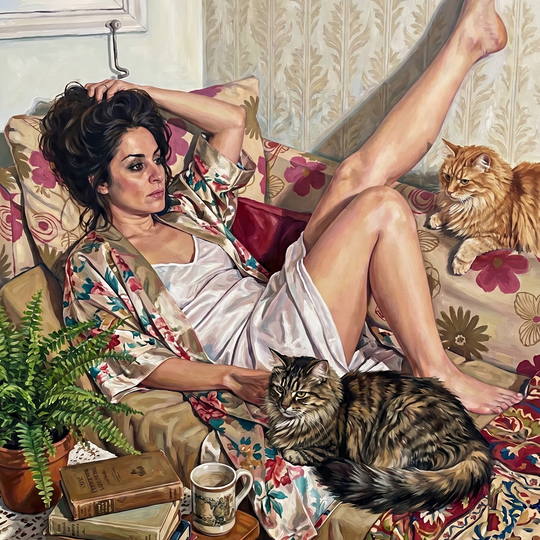 Woman Reclining With Cats (150 Color Diamond Painting)