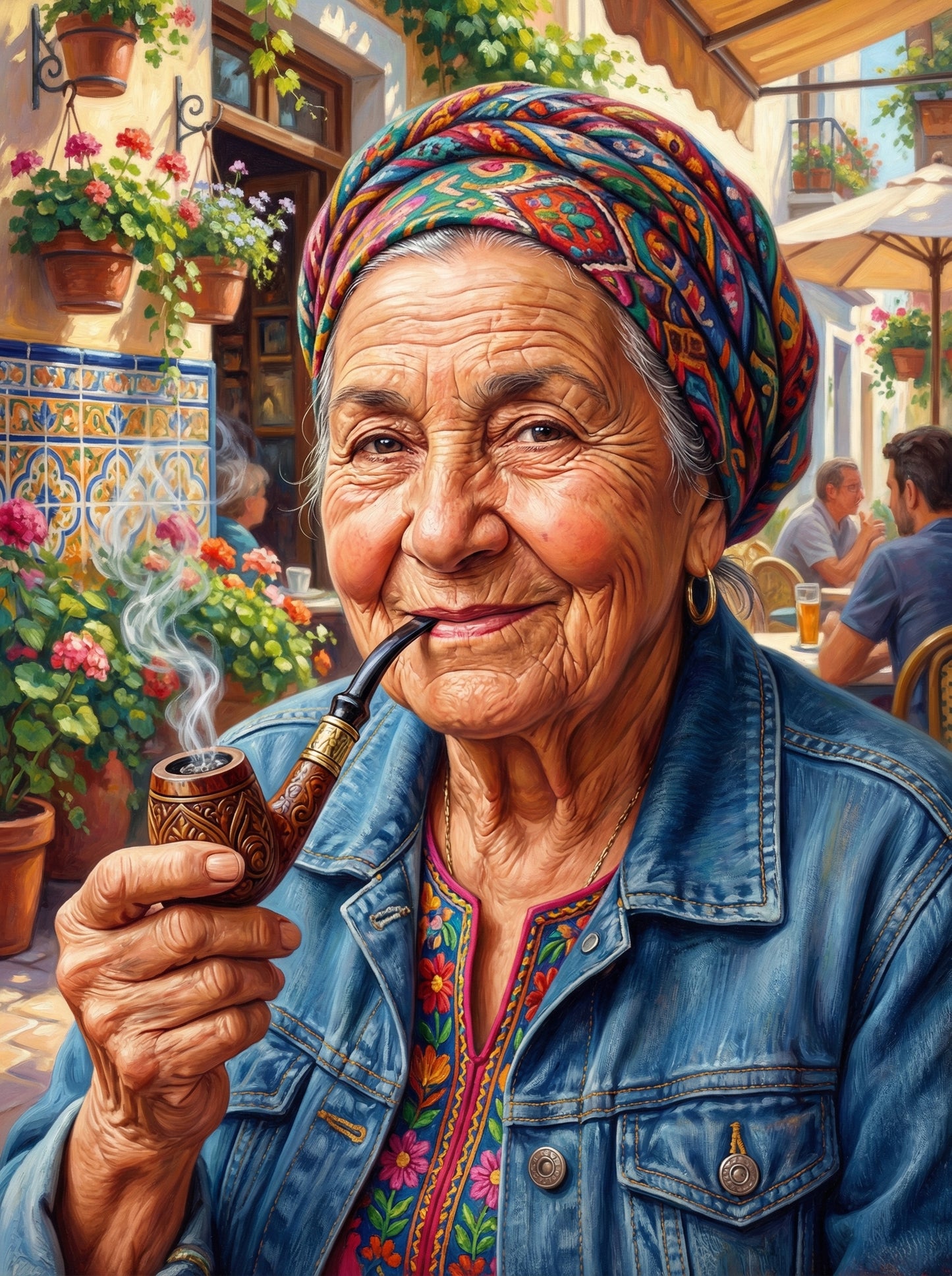 Woman Smoking In Courtyard (100 Color Diamond Painting) Diamond Painting kit